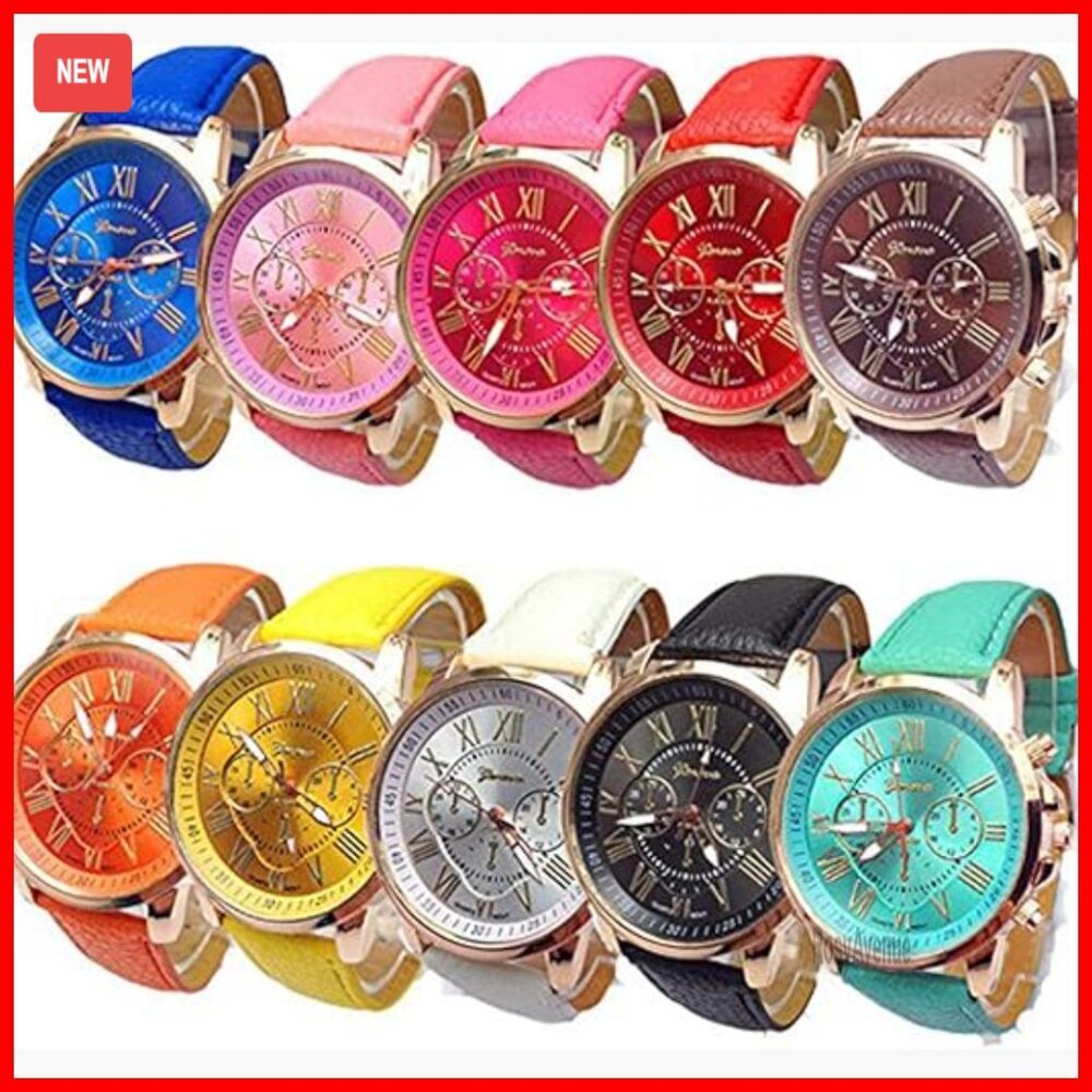 10 Pack PU Leather Band Quartz Watches Roman Numerals Dial Analog Wristwatches